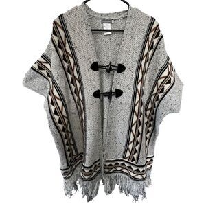 Earthbound Boho Geometric Triangle Striped Design Poncho Sweater
